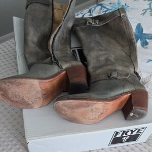 Frye Women's Olive-Grey Leather Mid-Calf Buckle Boots